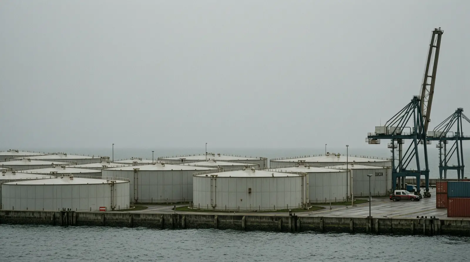 A field of plain fuel storage tanks at a coastal terminal seen from a distance under an overcast sky.