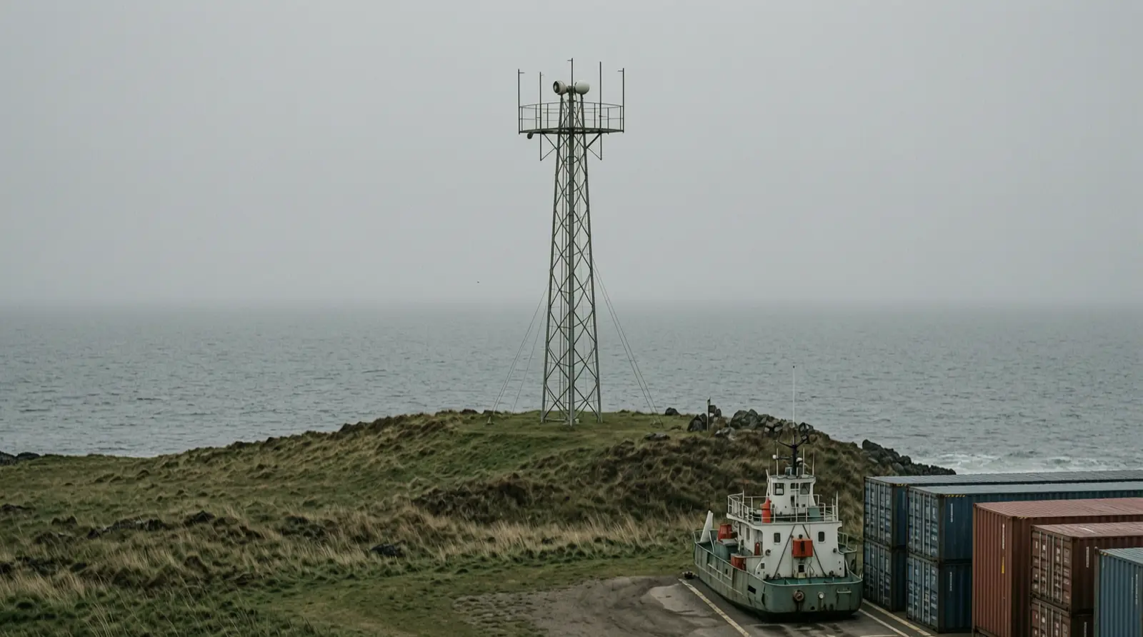 A plain radar mast stands on a grassy coastal rise above open water, seen from a distance.