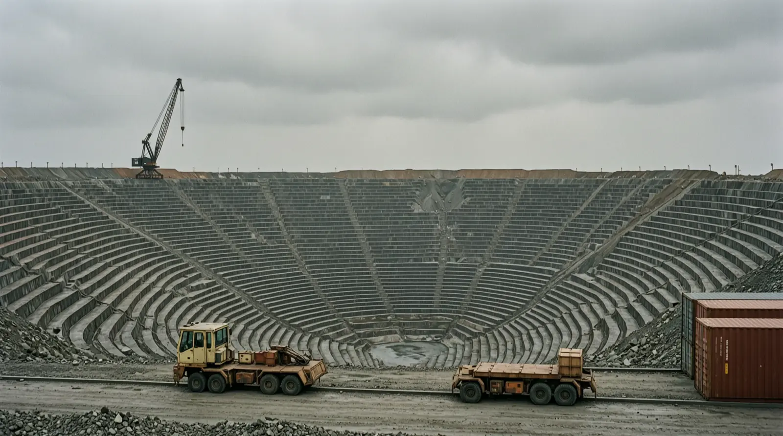 Terraced benches of an open-pit mine under a cloudy sky, seen from a distance.