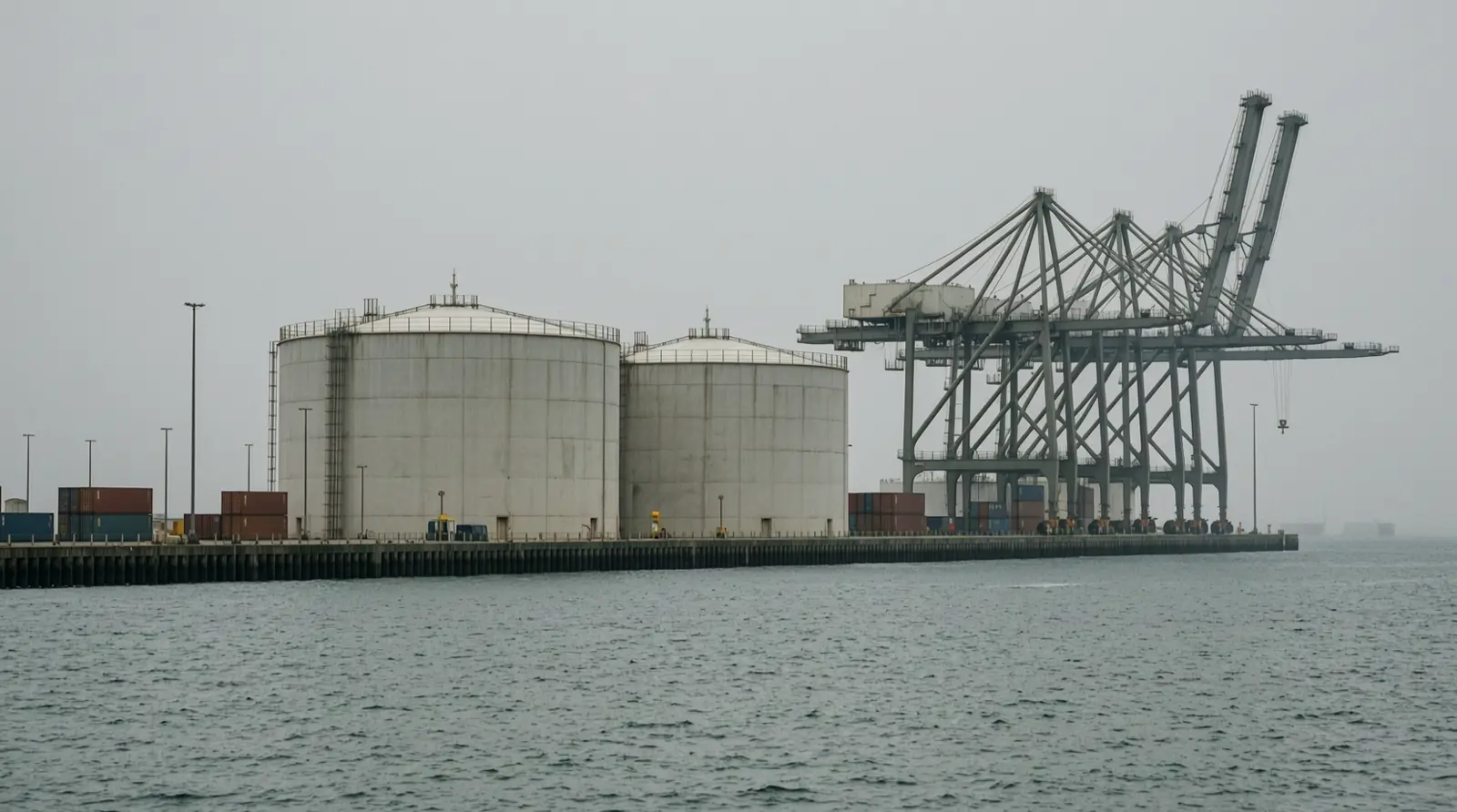 Plain, unmarked storage tanks at a coastal terminal seen across water in hazy light.