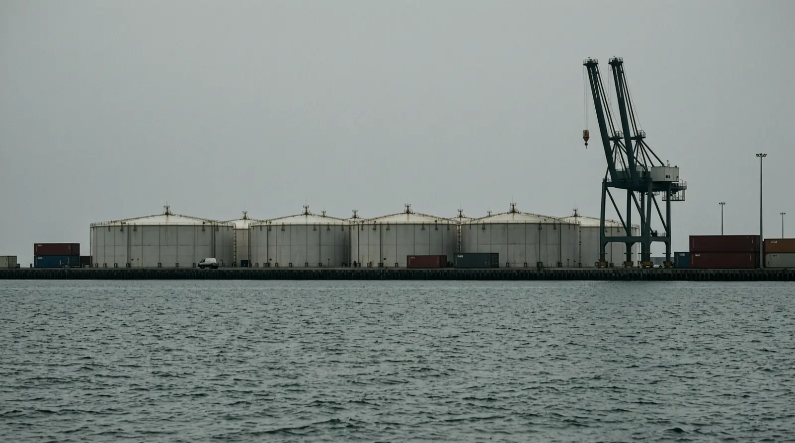 Rows of oil storage tanks at a coastal terminal seen from across water.