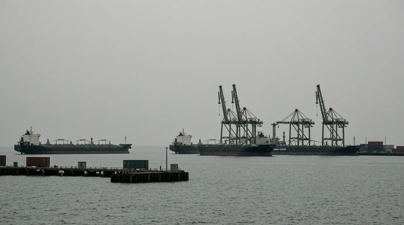 Several large cargo ships in the water near port cranes under a hazy sky