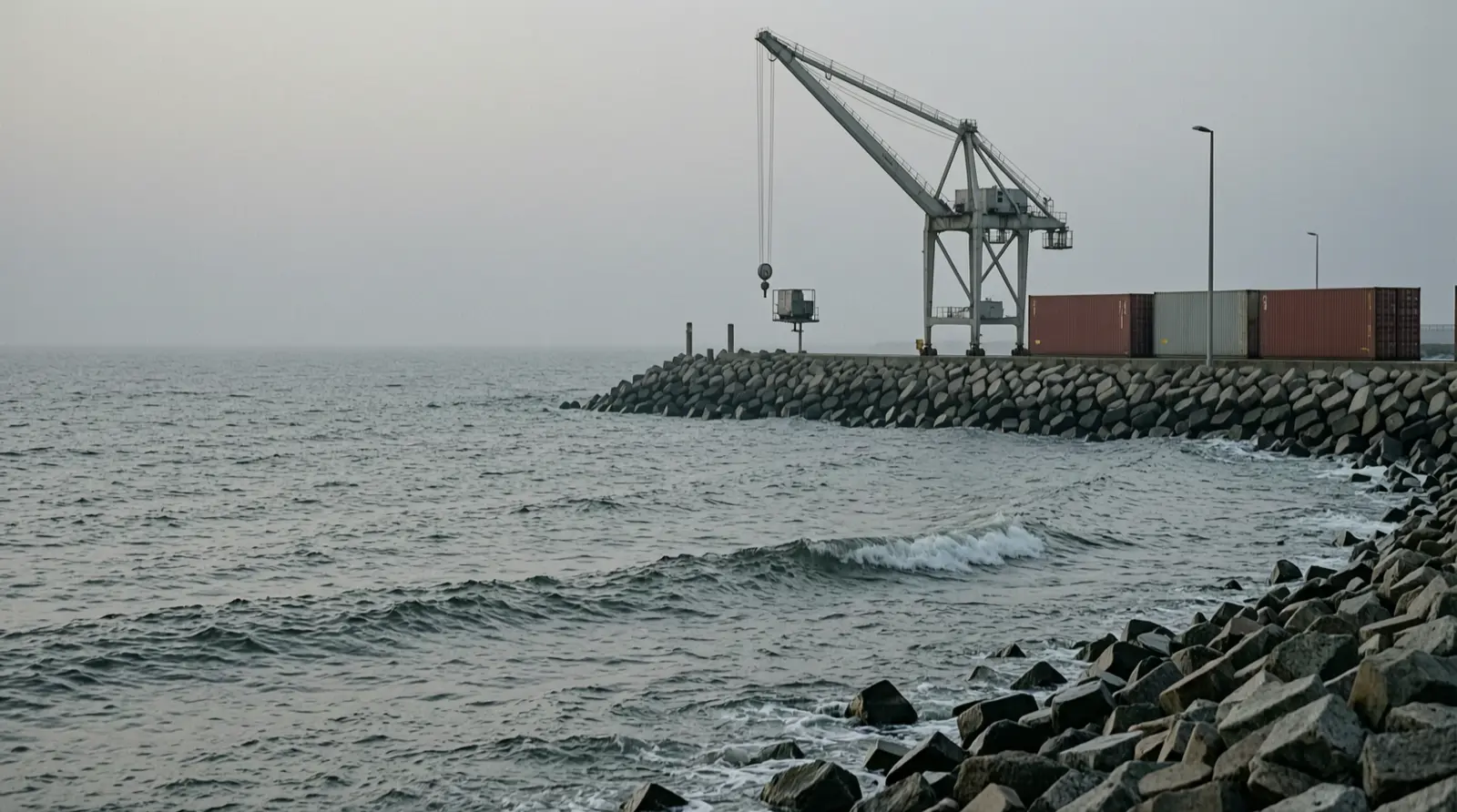 Grey open water rolling toward a stone breakwater at dawn.