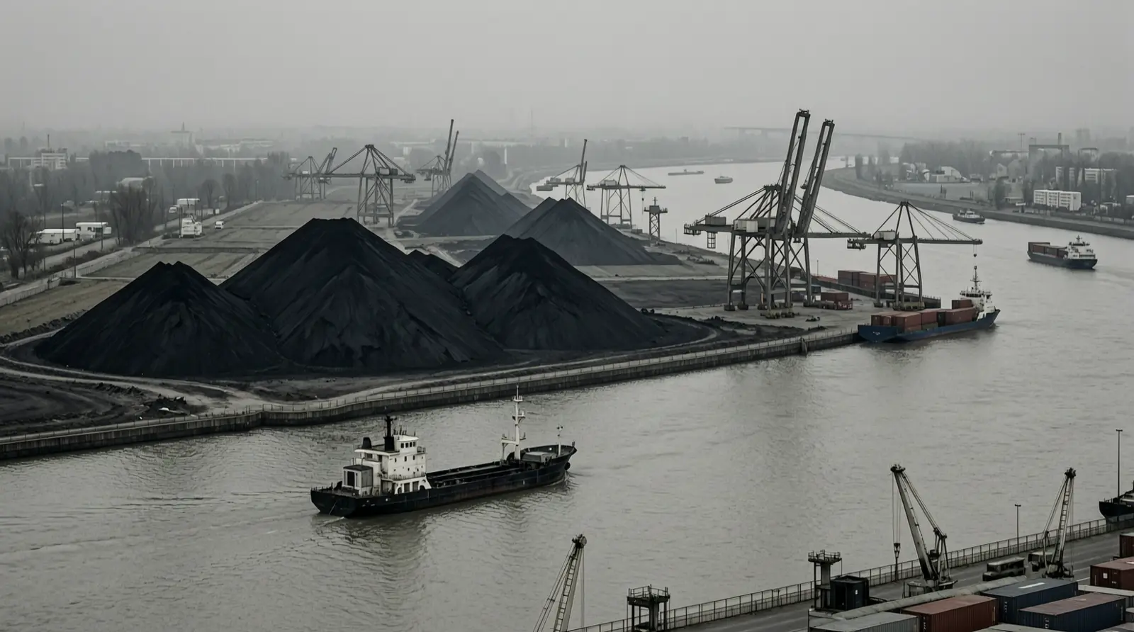 Dark bulk material piles beside a wide river, seen from above.