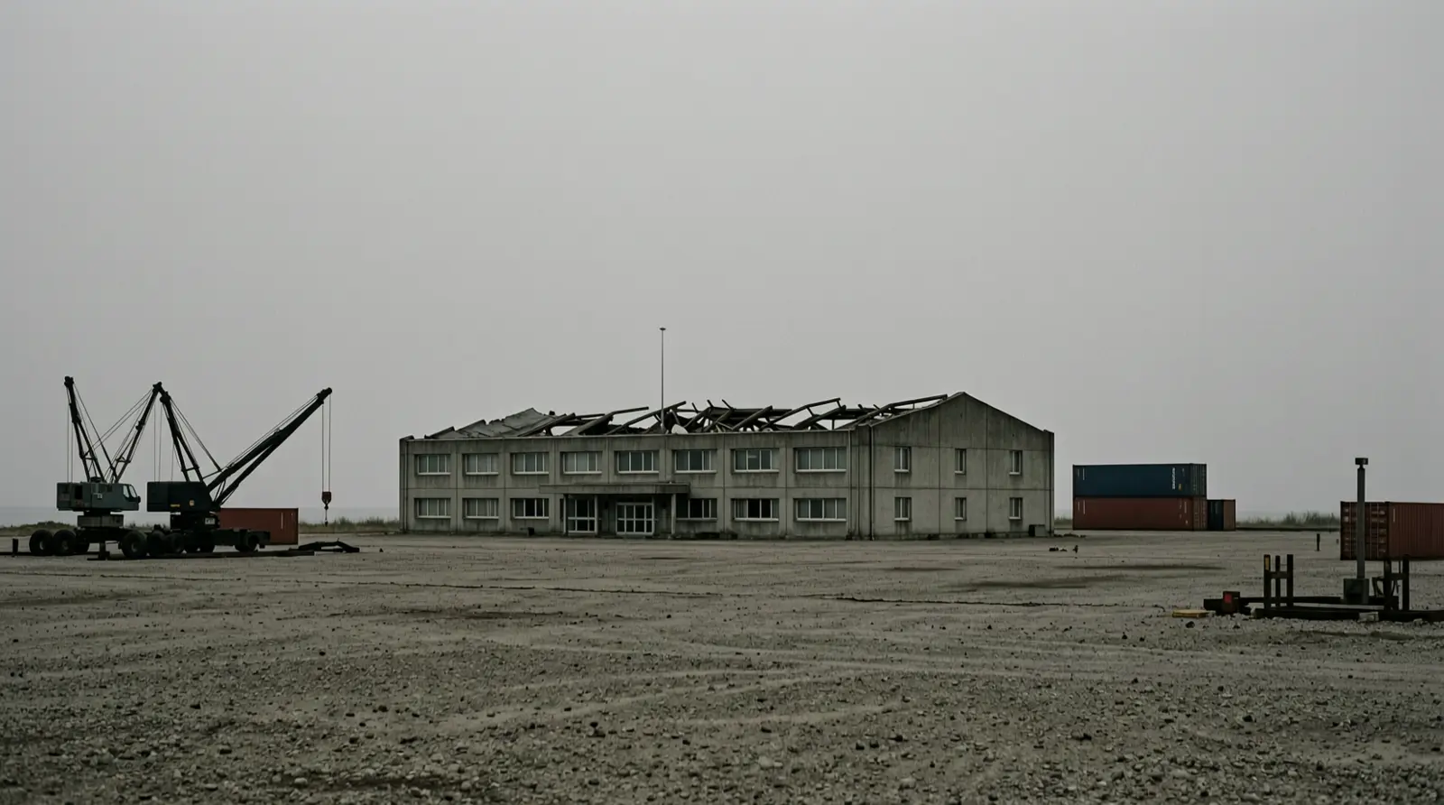 A low concrete administrative building with a damaged roofline, seen across empty ground.