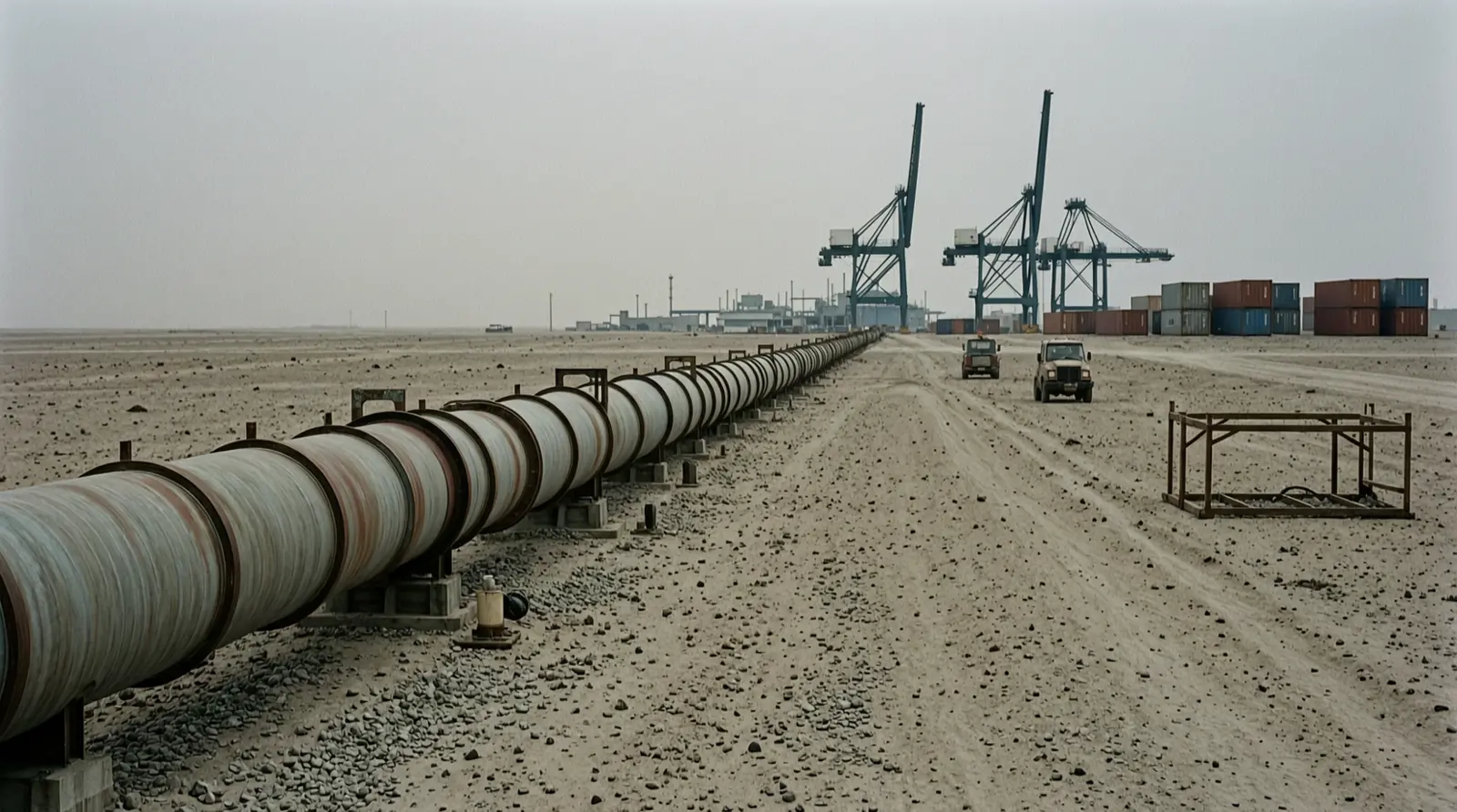 A long pipeline running through empty desert toward a distant industrial area.