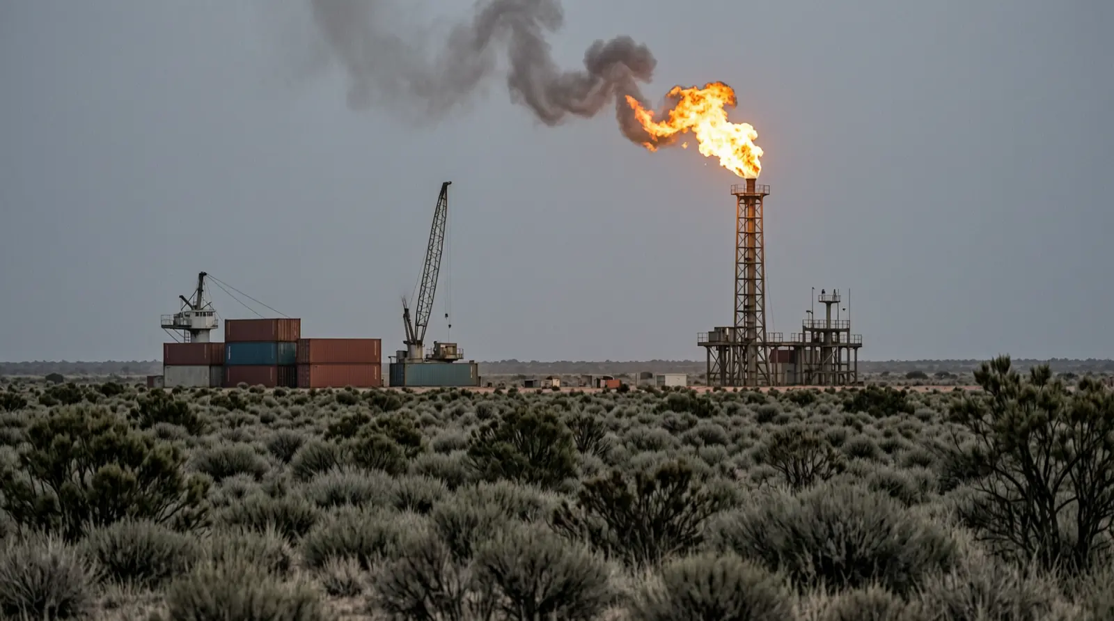 A flare stack burning gas above flat scrubland at dusk, seen from a distance.