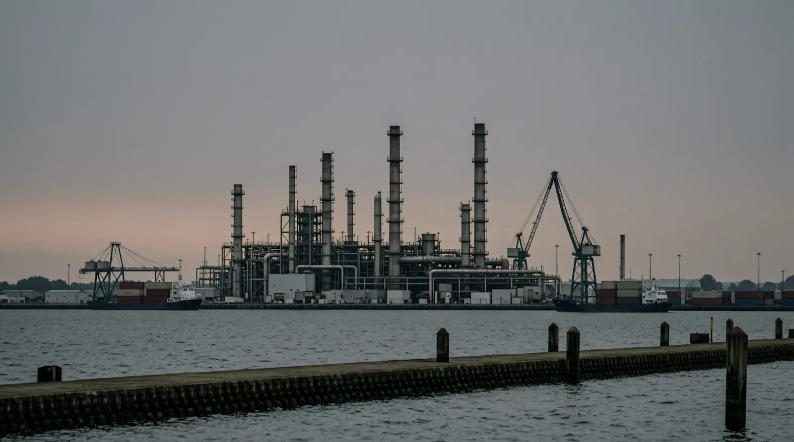 A refinery’s towers and pipes seen from across water at dusk.